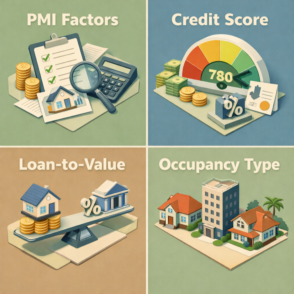 Infographic showing factors affecting PMI rates including credit score, loan-to-value, and occupancy type.