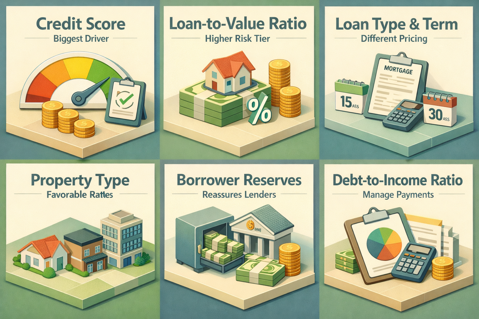 Infographic showing key factors influencing PMI rates with partial gift down payment: credit score, LTV ratio, loan type, property type, reserves, and DTI.
