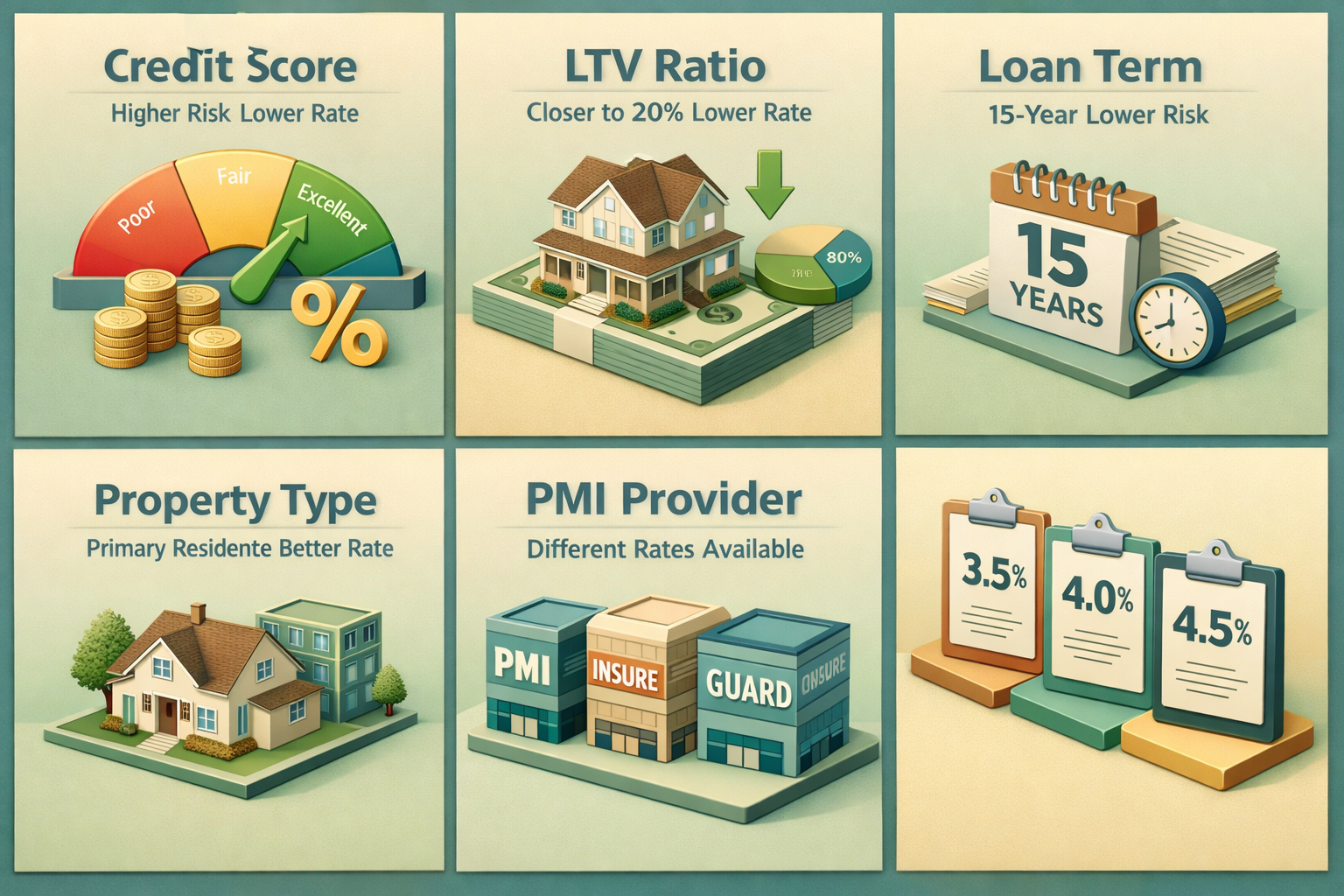 Infographic showing factors influencing PMI rates for conventional loans including credit score, LTV ratio, loan term, property type, and PMI provider.