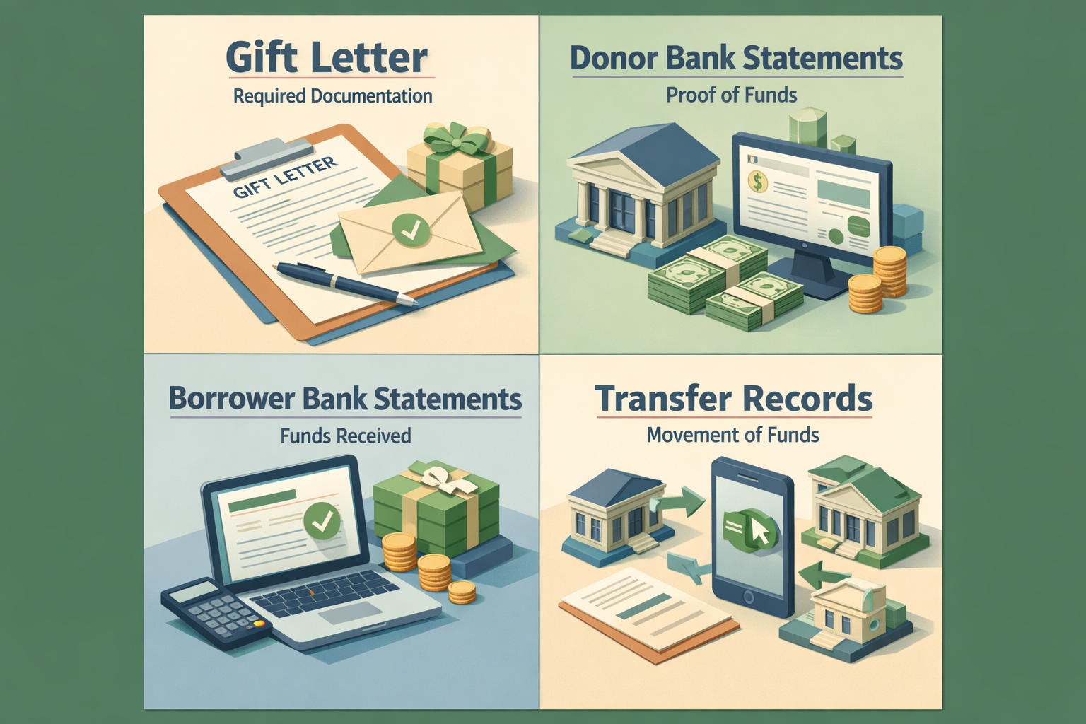 Infographic showing documentation needed for gifted down payment including gift letter, donor bank statements, borrower bank statements, and transfer records.