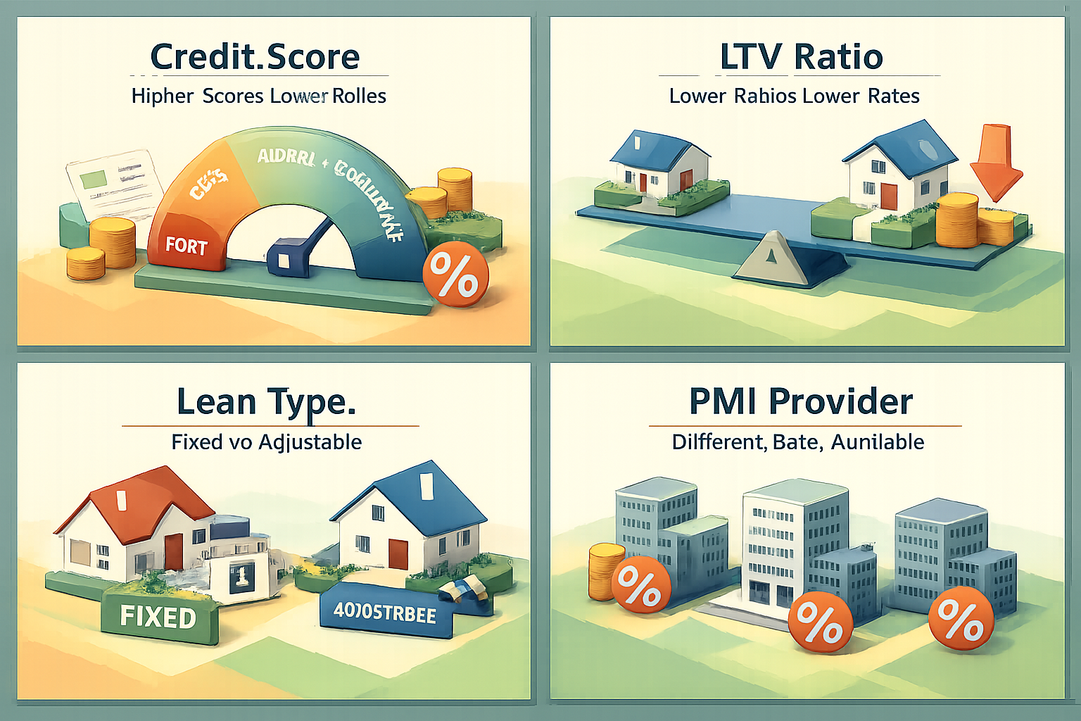 Infographic explaining factors affecting PMI costs for conventional loans including credit score, LTV ratio, loan type, and PMI provider.