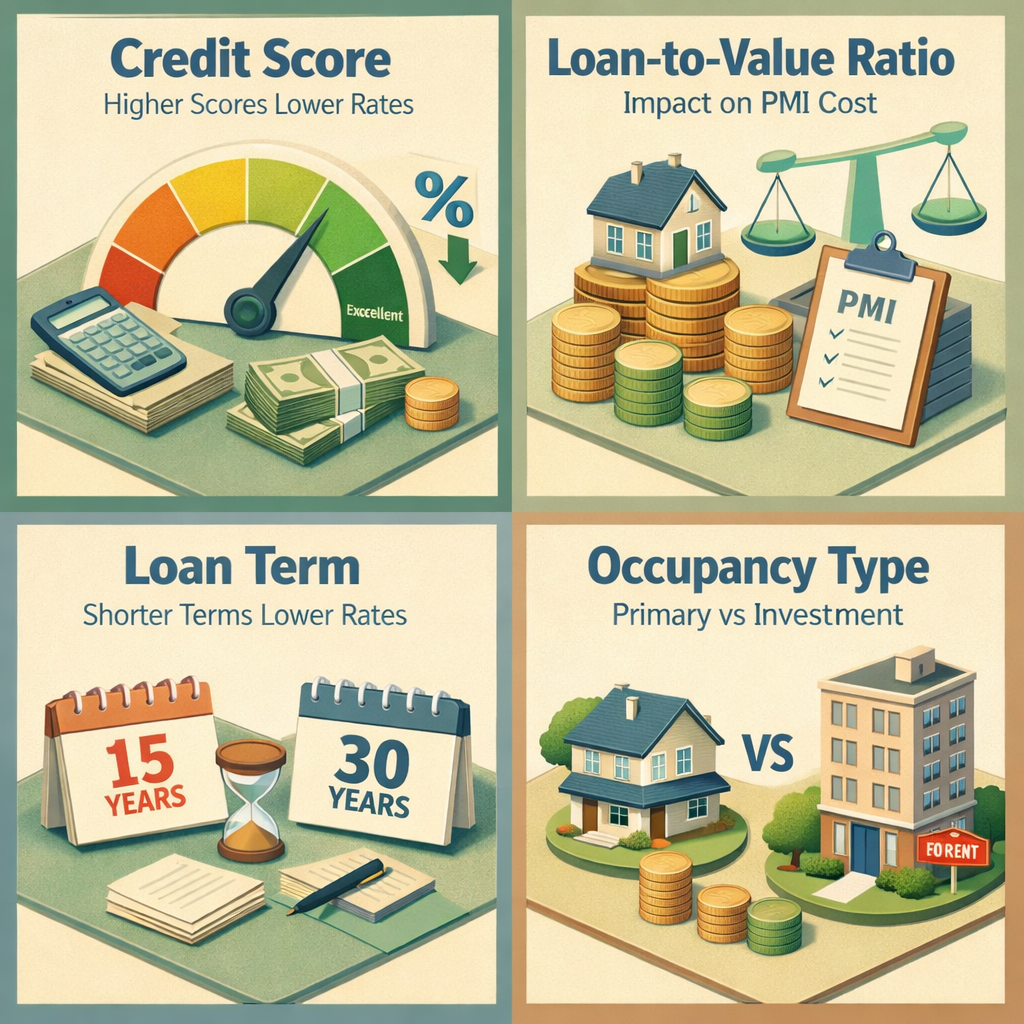 Infographic showing factors influencing PMI rates including credit score, loan-to-value ratio, loan term, and occupancy type.