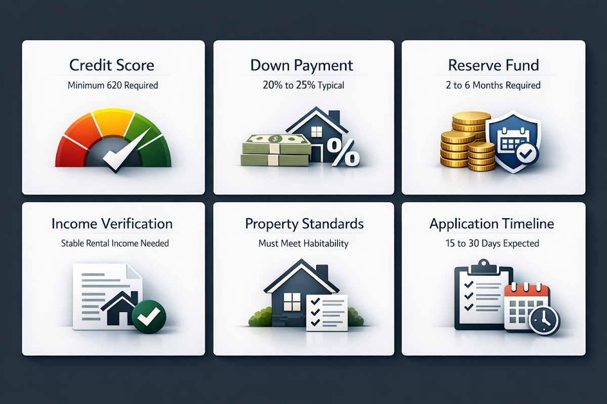 Infographic detailing DSCR loan qualification requirements including credit score, down payment, reserve fund, income verification, property standards, and application timeline.