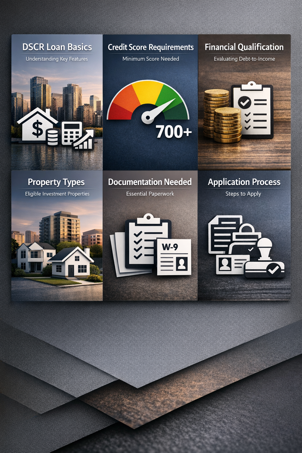 Infographic on DSCR loan basics, credit score requirements, financial qualifications, property types, documentation, and application process.