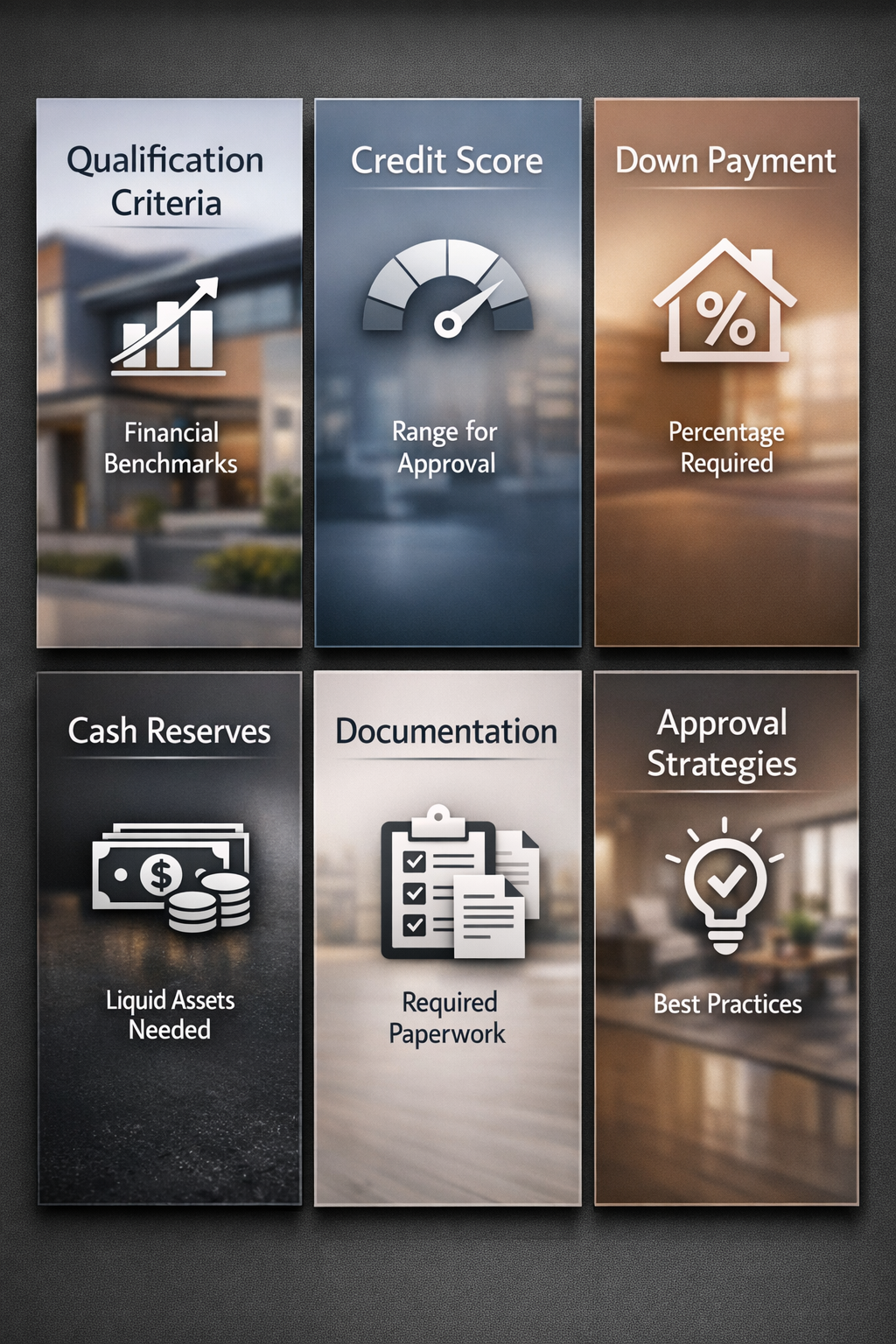 Infographic showing DSCR loan qualification criteria, including financial benchmarks, credit score, down payment, cash reserves, documentation, and approval strategies.