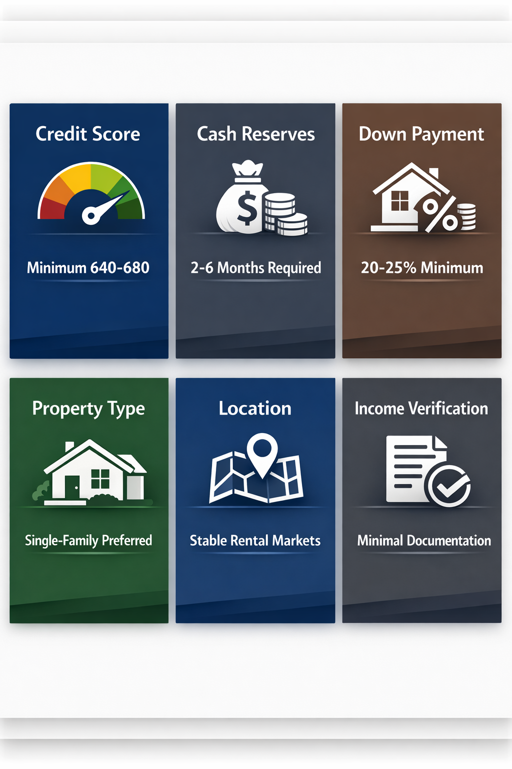 Infographic detailing DSCR loan requirements including credit score, cash reserves, down payment, property type, location, and income verification.