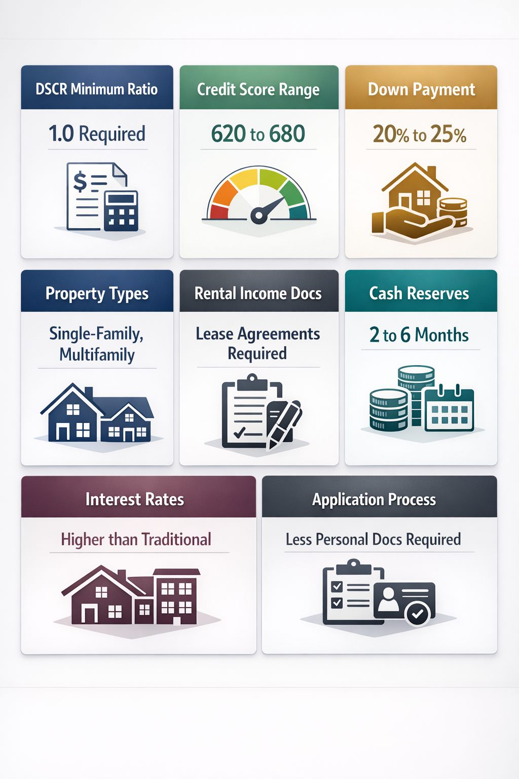 Infographic detailing DSCR loan requirements including minimum ratio, credit score, down payment, cash reserves, and more.