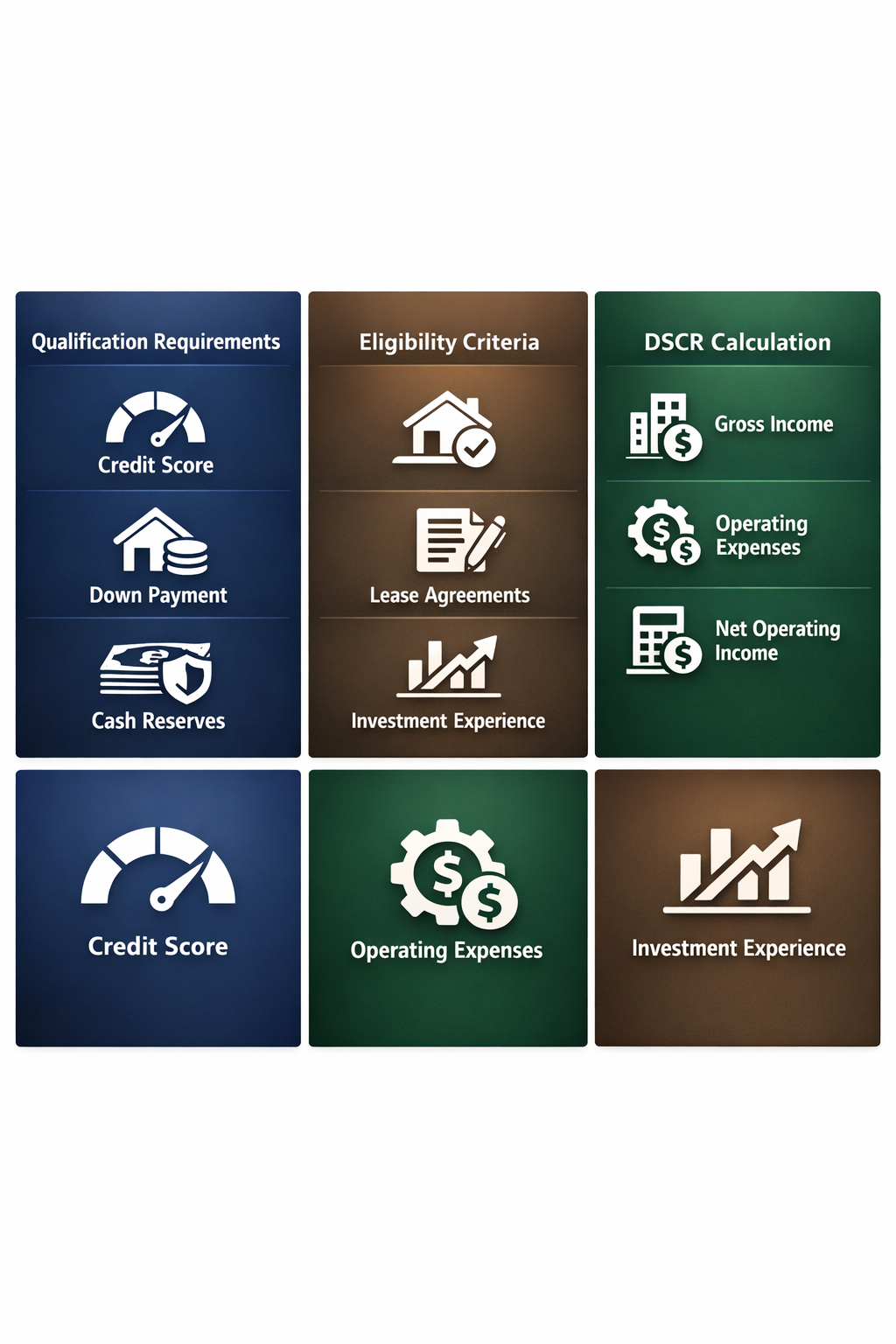 Visual breakdown of DSCR loan qualification requirements and eligibility criteria for investors including credit score and cash reserves.
