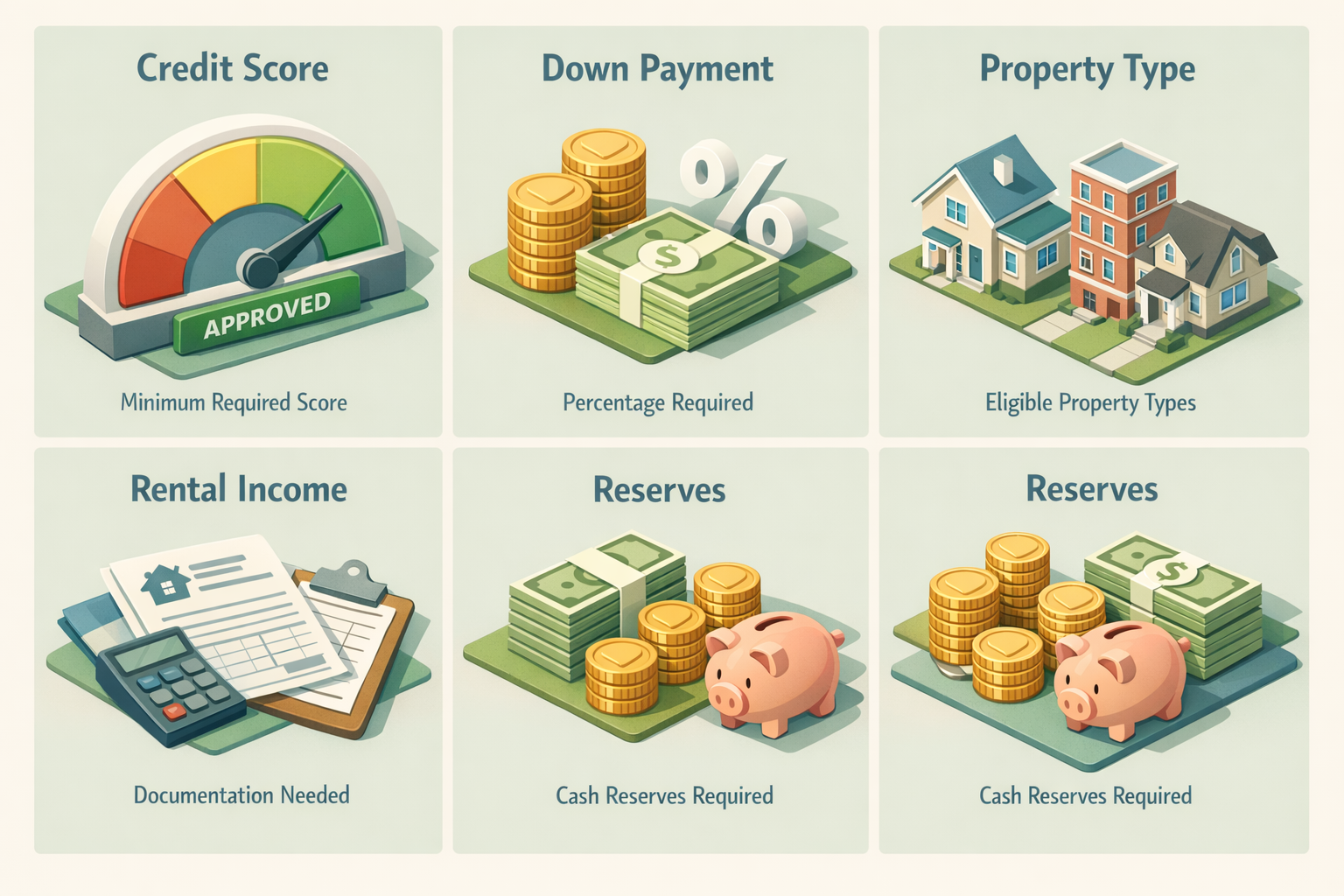 Infographic showing key eligibility requirements for DSCR loans including credit score, down payment, property type, rental income, and reserves.