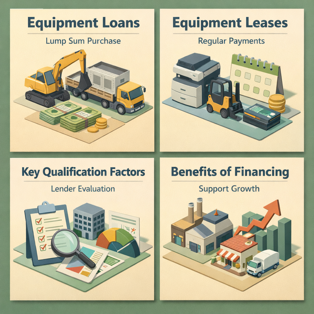 Infographic showing equipment loans, leases, key qualification factors, and benefits of financing for small businesses.