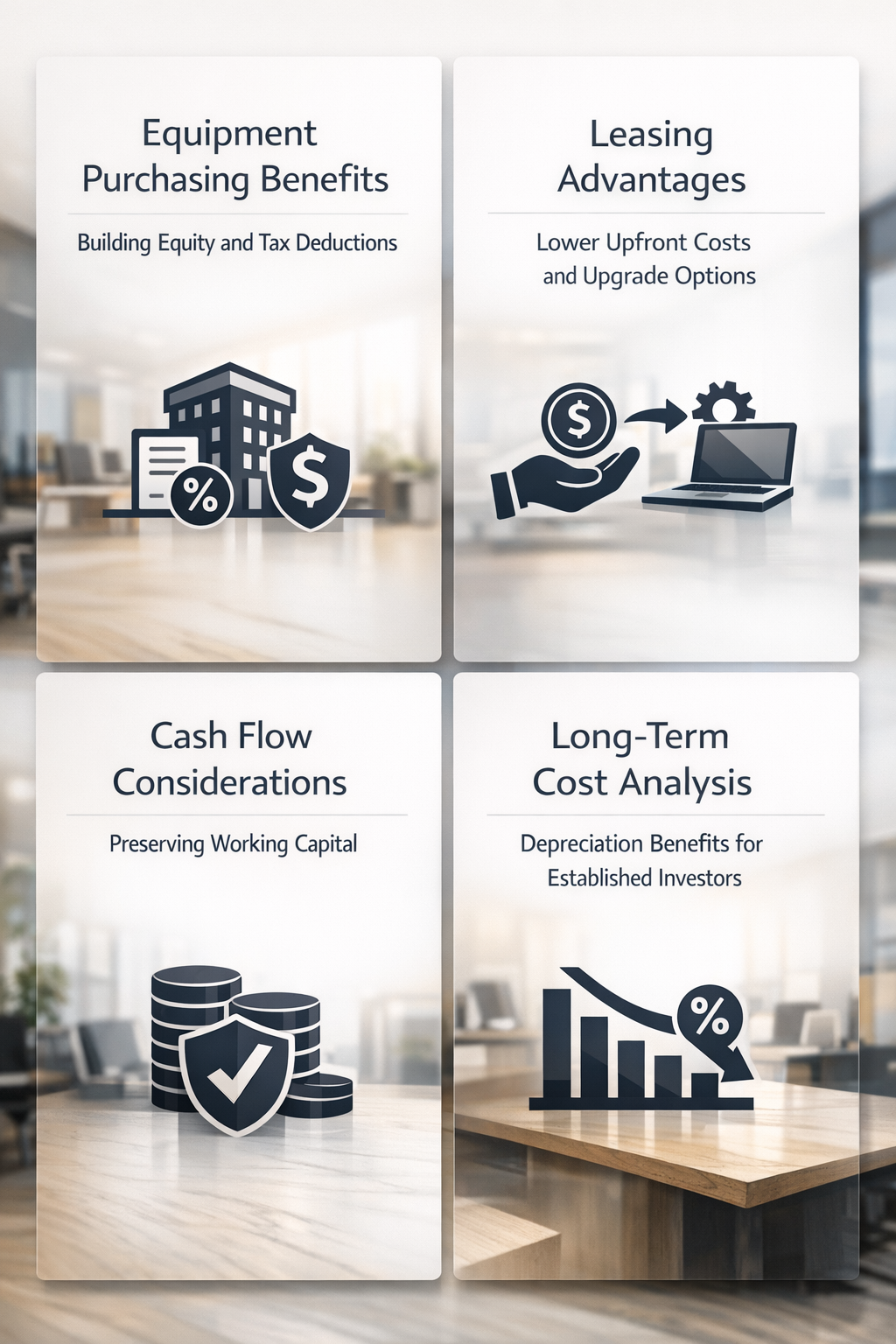 Visual comparison of equipment purchasing benefits and leasing advantages for real estate investors, including cash flow considerations.