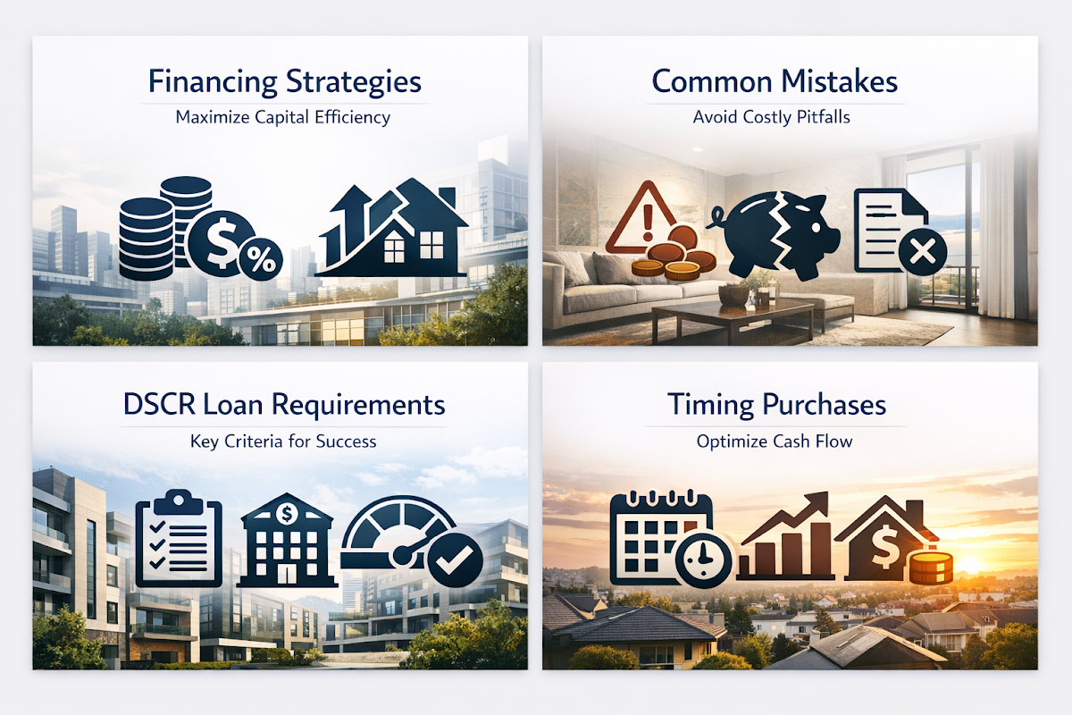 Visualizing smart financing strategies, common mistakes, DSCR loan requirements, and timing equipment purchases for investors.