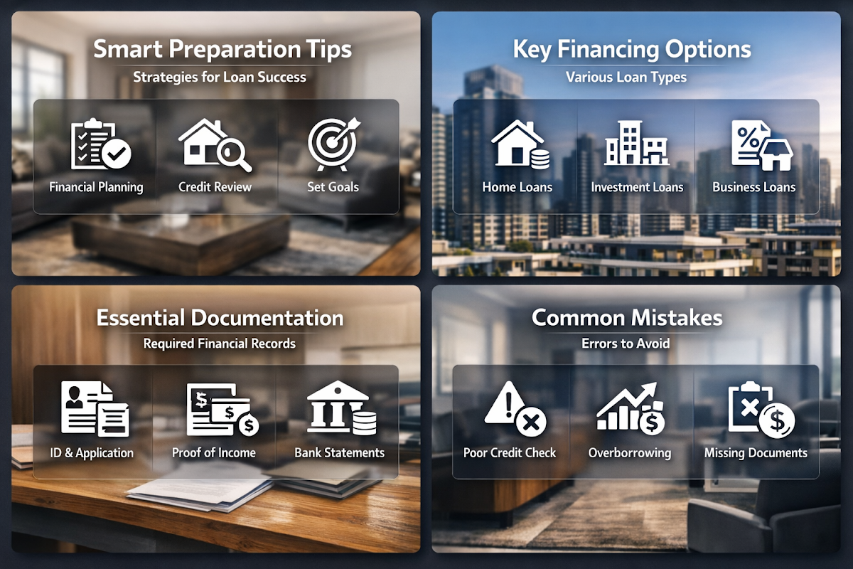 Infographic showing smart preparation tips, key financing options, essential documentation, and common mistakes for franchise financing.