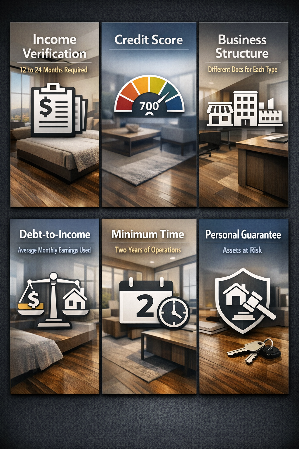 Infographic detailing freelancer financing fundamentals including income verification, credit score, business structure, and debt-to-income.
