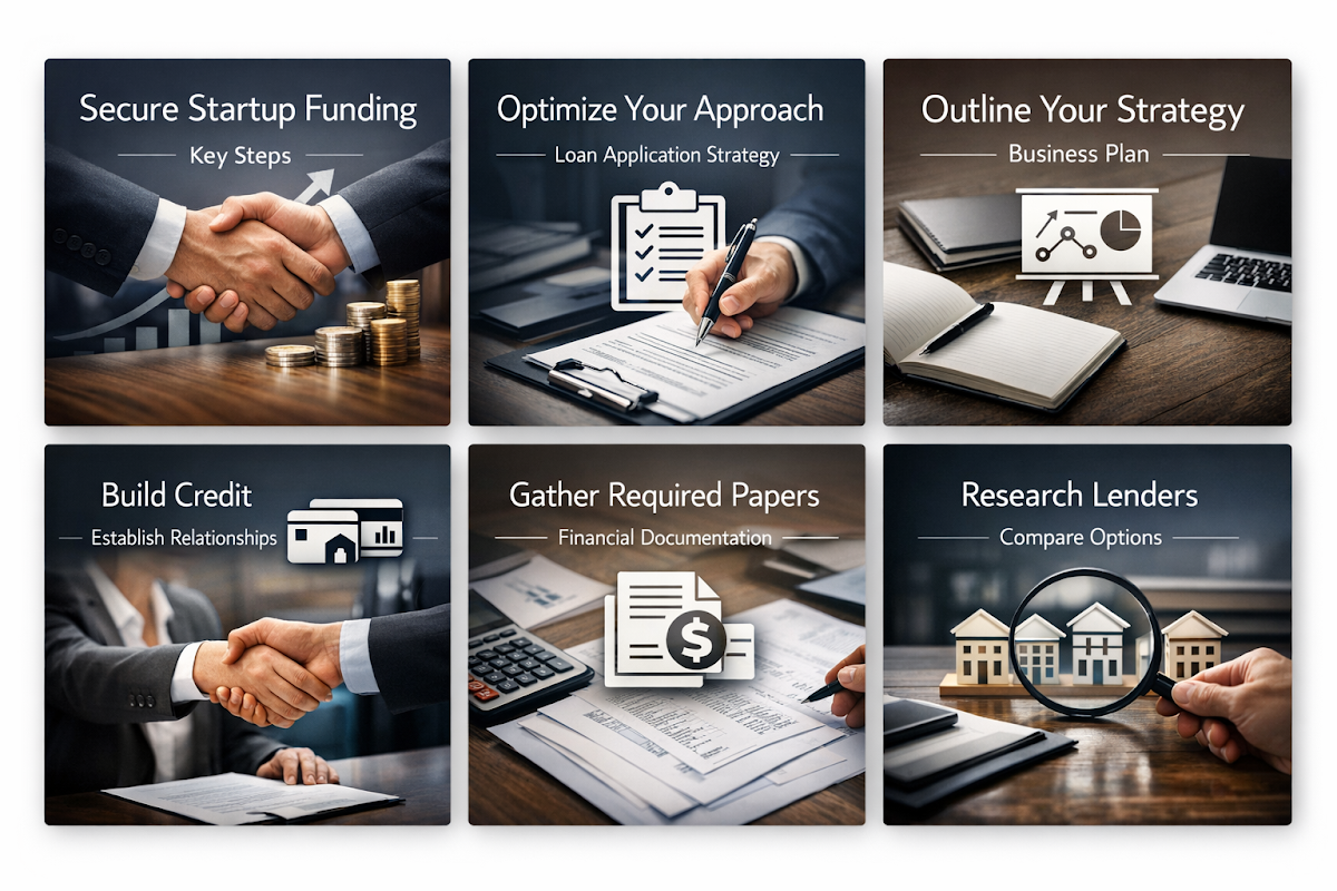 Visual representation of key steps to secure startup funding and optimize loan application strategy for real estate investors.