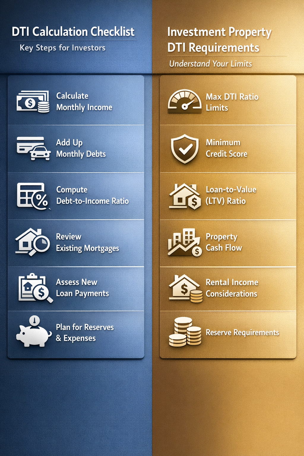 Infographic showing DTI calculation checklist and investment property DTI requirements for real estate investors.