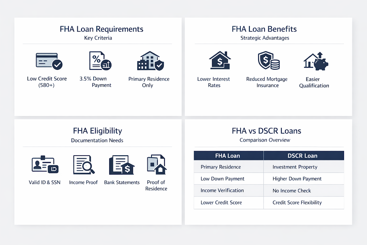 Visual breakdown of FHA loan requirements, benefits, eligibility, and comparison with DSCR loans for real estate investors.