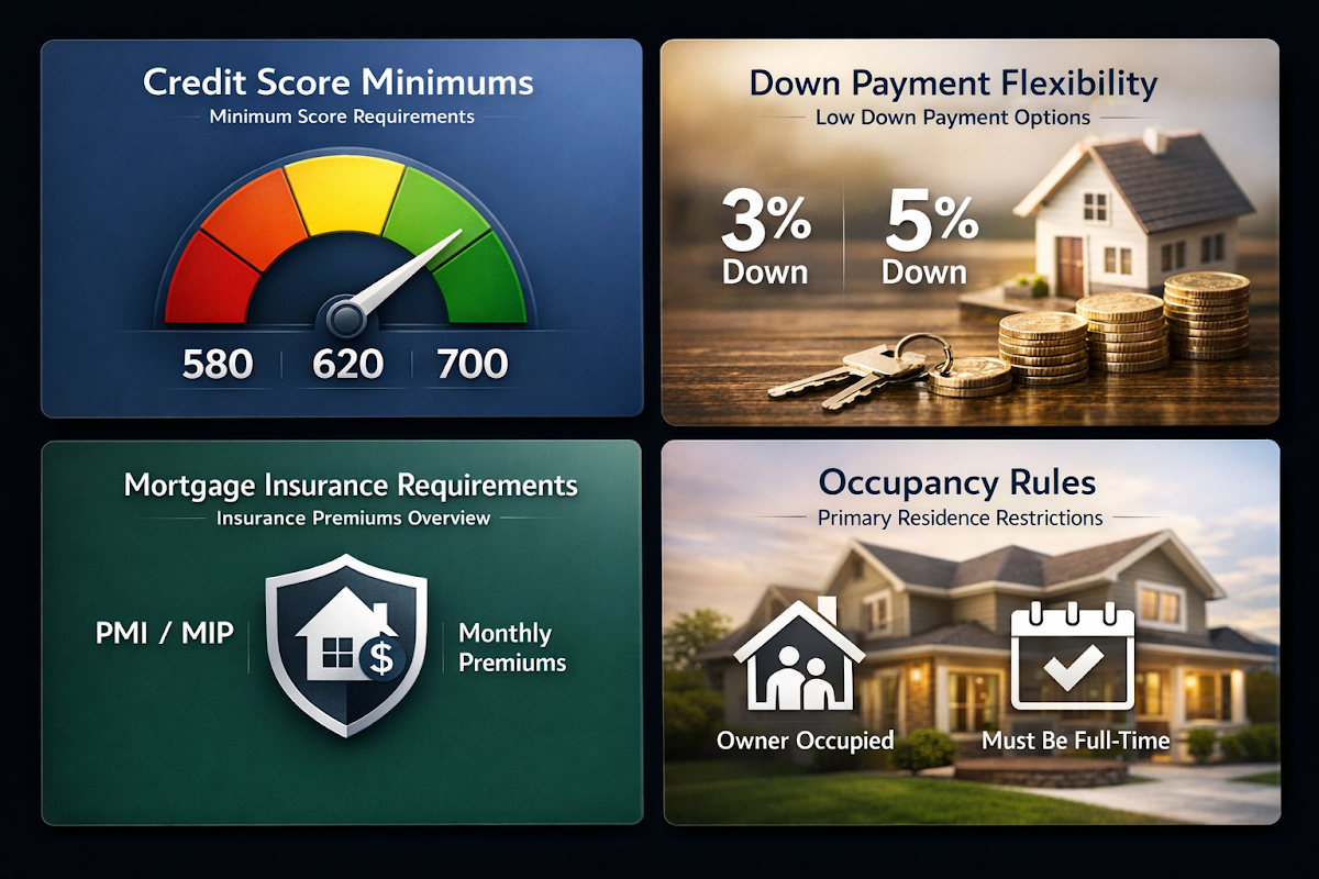 Overview of FHA loan requirements including credit score, down payment, mortgage insurance, and occupancy rules.