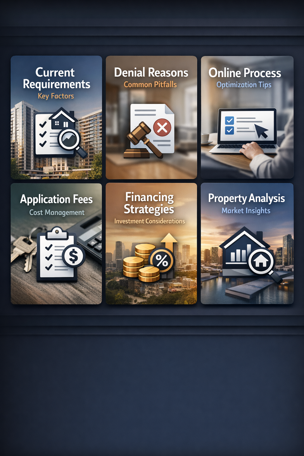 Infographic detailing mortgage application requirements, denial reasons, online process optimization, fees management, and financing strategies.