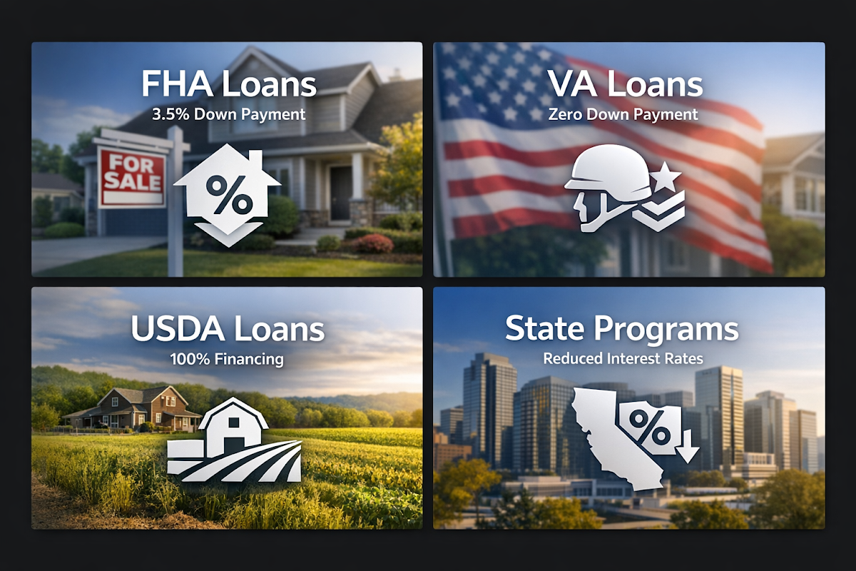 Infographic on government-backed loan programs for first-time buyers including FHA, VA, USDA loans, and state programs.
