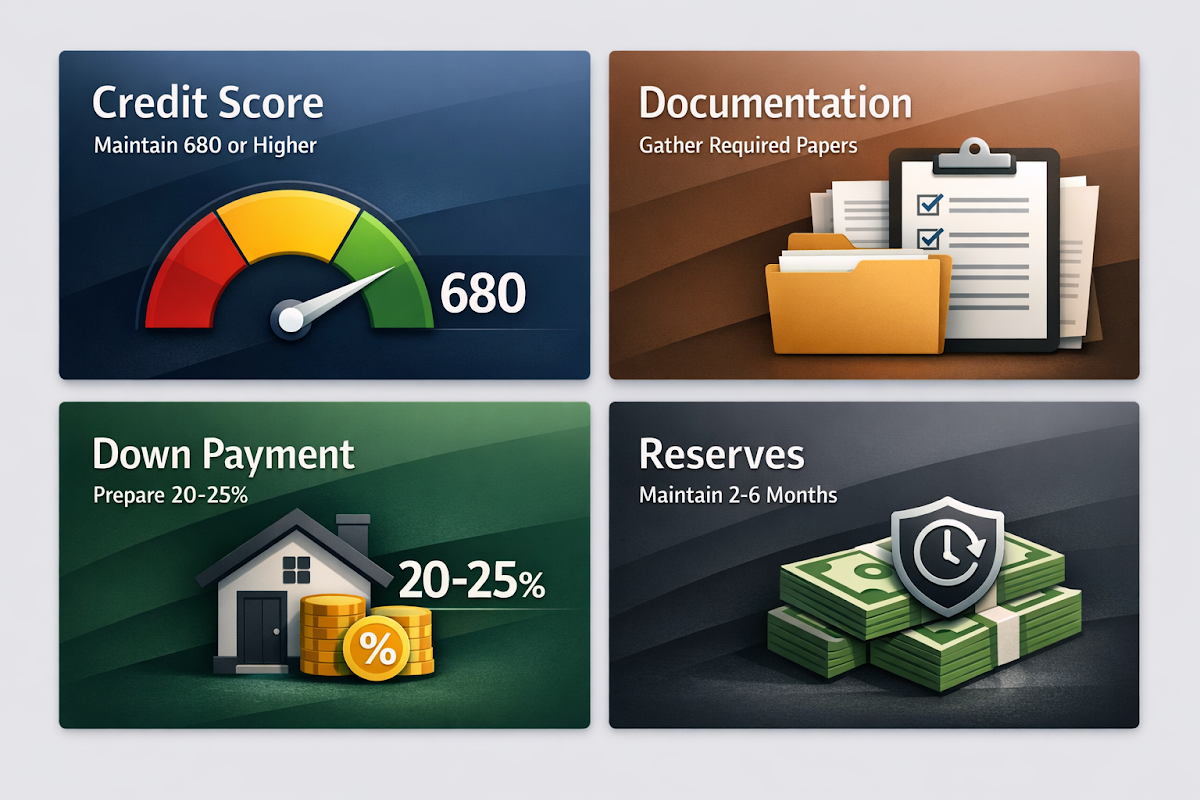 Infographic showing mortgage pre-approval steps including credit score, documentation, down payment, and reserves requirements.