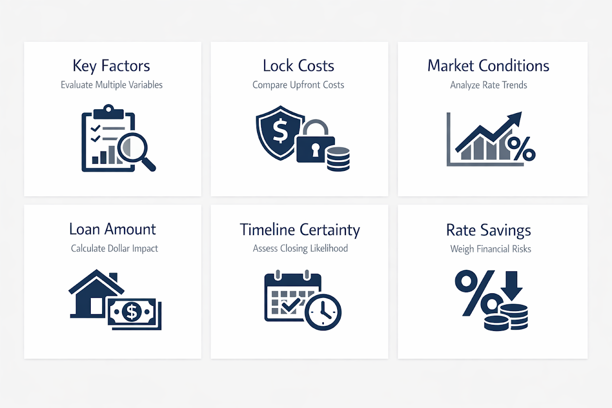 Key factors for locking mortgage rates including market conditions, loan amount, timeline certainty, and rate savings.