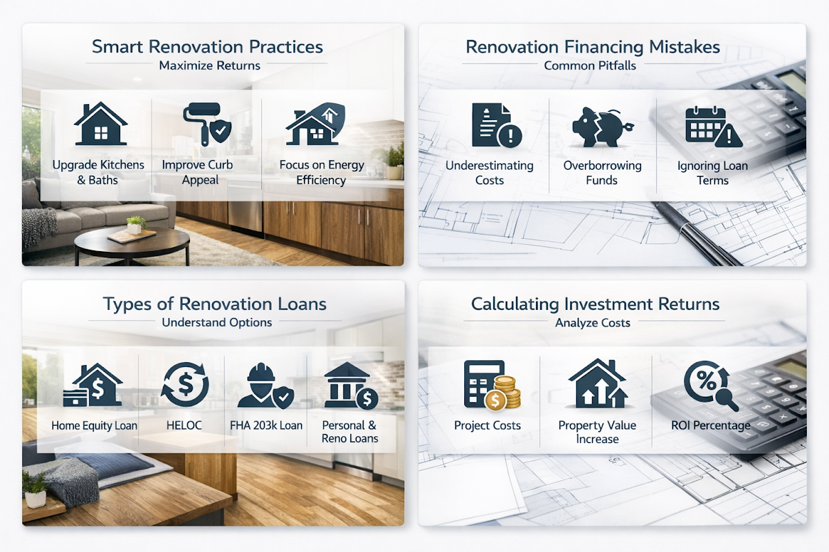 Visual guide on smart renovation financing practices, common mistakes, loan types, and calculating investment returns.