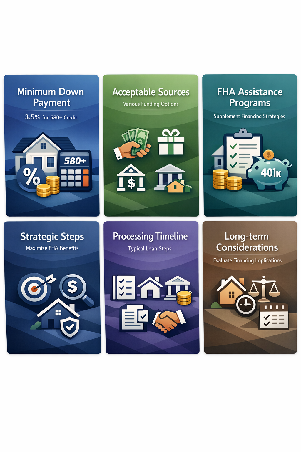 Visualizing strategic steps for maximizing FHA benefits in real estate investment with clear actionable panels.