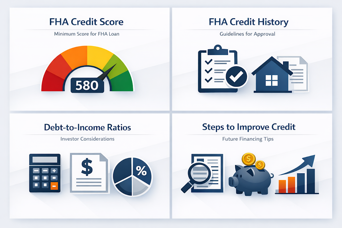 Infographic on FHA loan credit requirements covering credit score, history guidelines, debt-to-income ratios, and credit improvement steps.