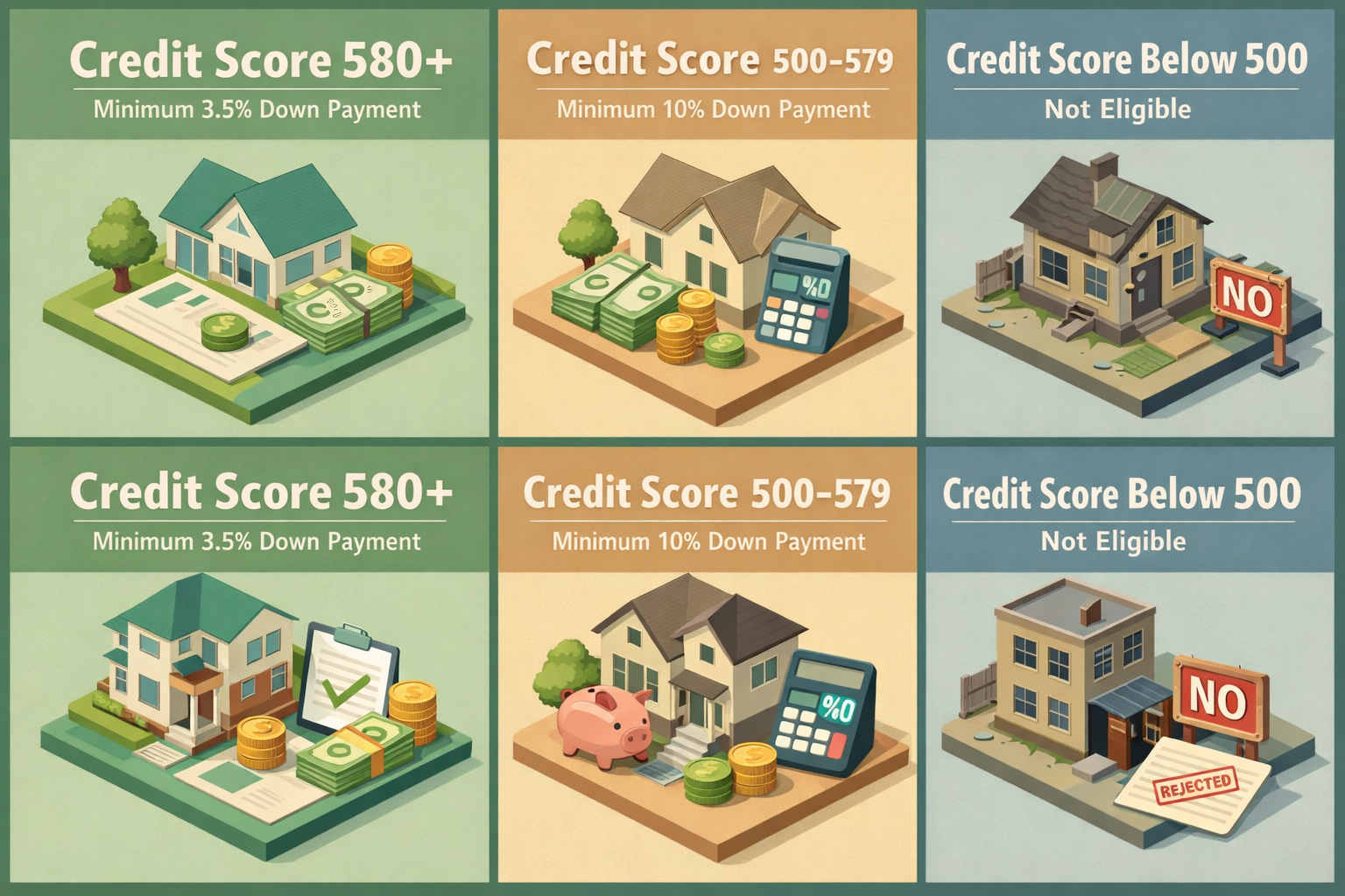 FHA loan credit score requirements infographic showing down payment tiers for different credit scores.