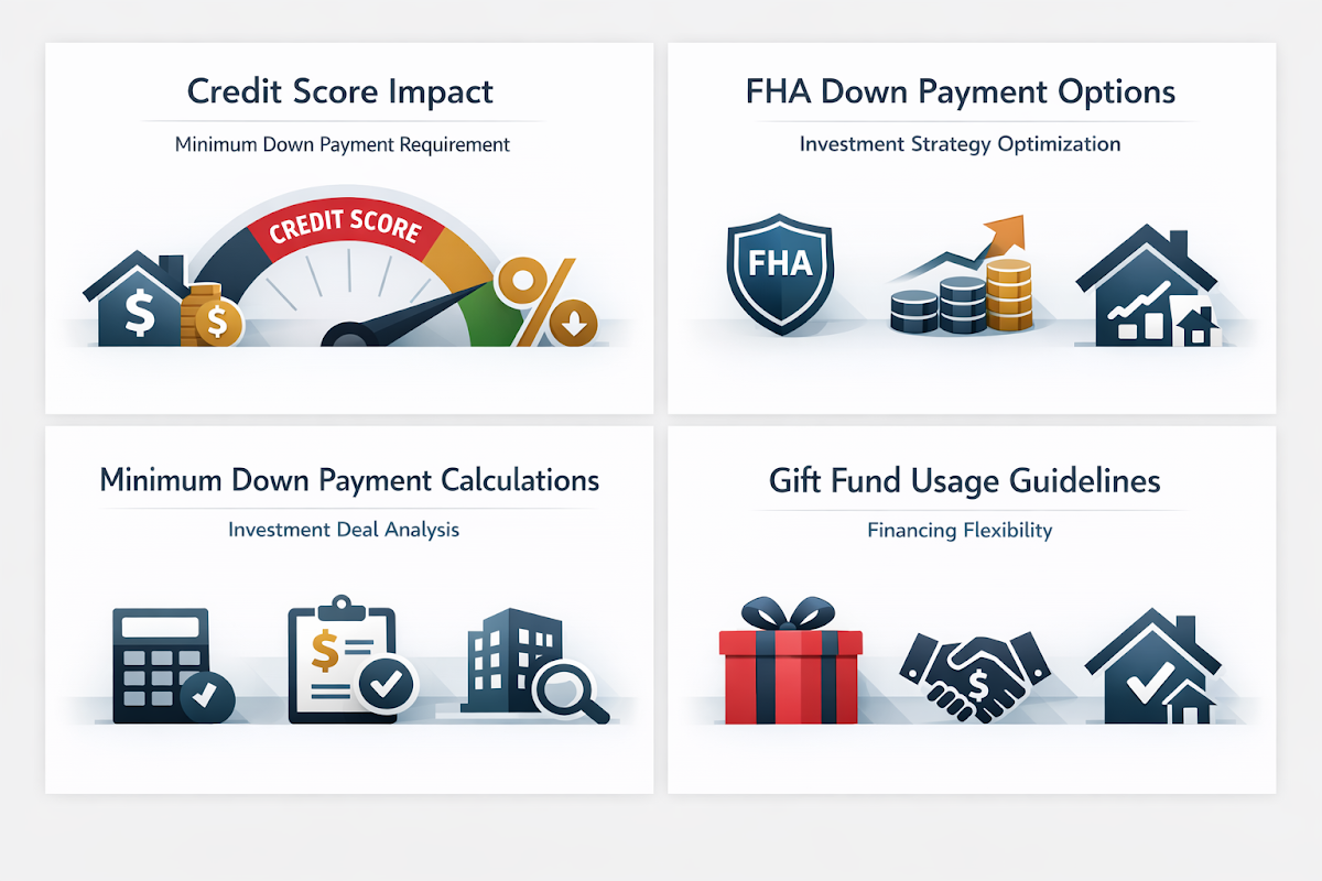 Infographic showing credit score impact, FHA down payment options, minimum down payment calculations, and gift fund usage guidelines.