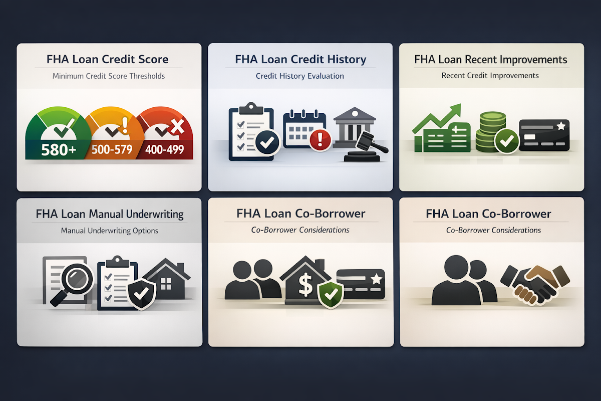 FHA loan credit score requirements infographic detailing minimum thresholds, credit history evaluation, recent improvements, manual underwriting, and co-borrower options.