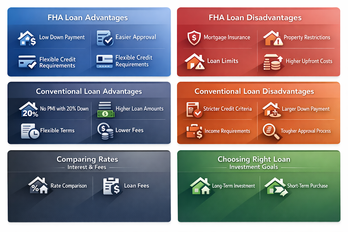 Comparison of FHA and Conventional loans, including advantages, disadvantages, interest rates, and choosing the right loan for investments.