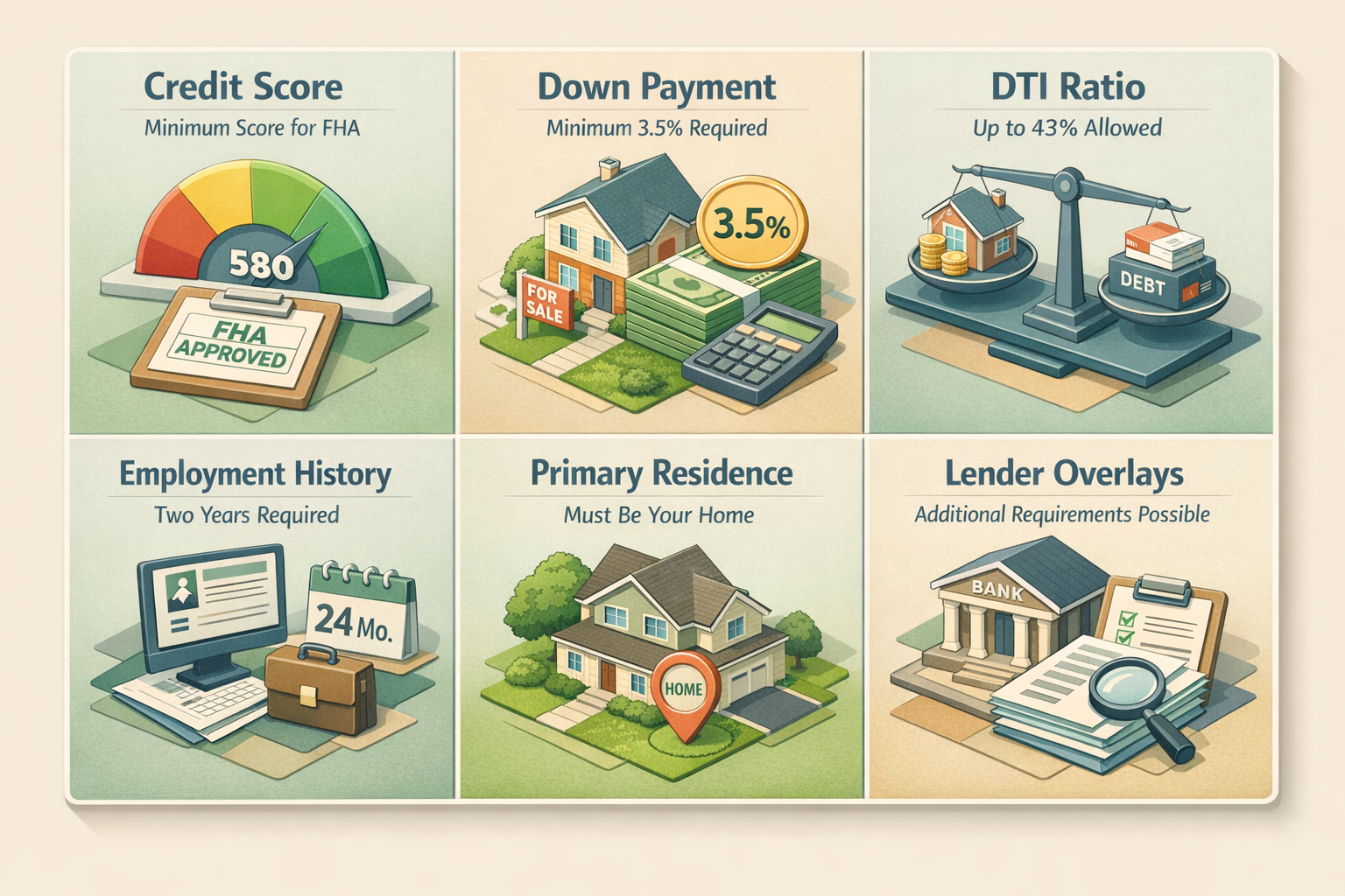 FHA loan eligibility requirements infographic detailing credit score, down payment, DTI ratio, employment history, primary residence, and lender overlays.