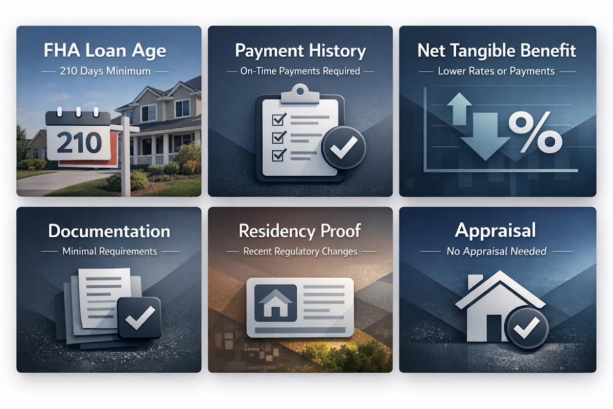 Infographic detailing FHA refinance requirements including loan age, payment history, net benefit, documentation, residency proof, and appraisal.