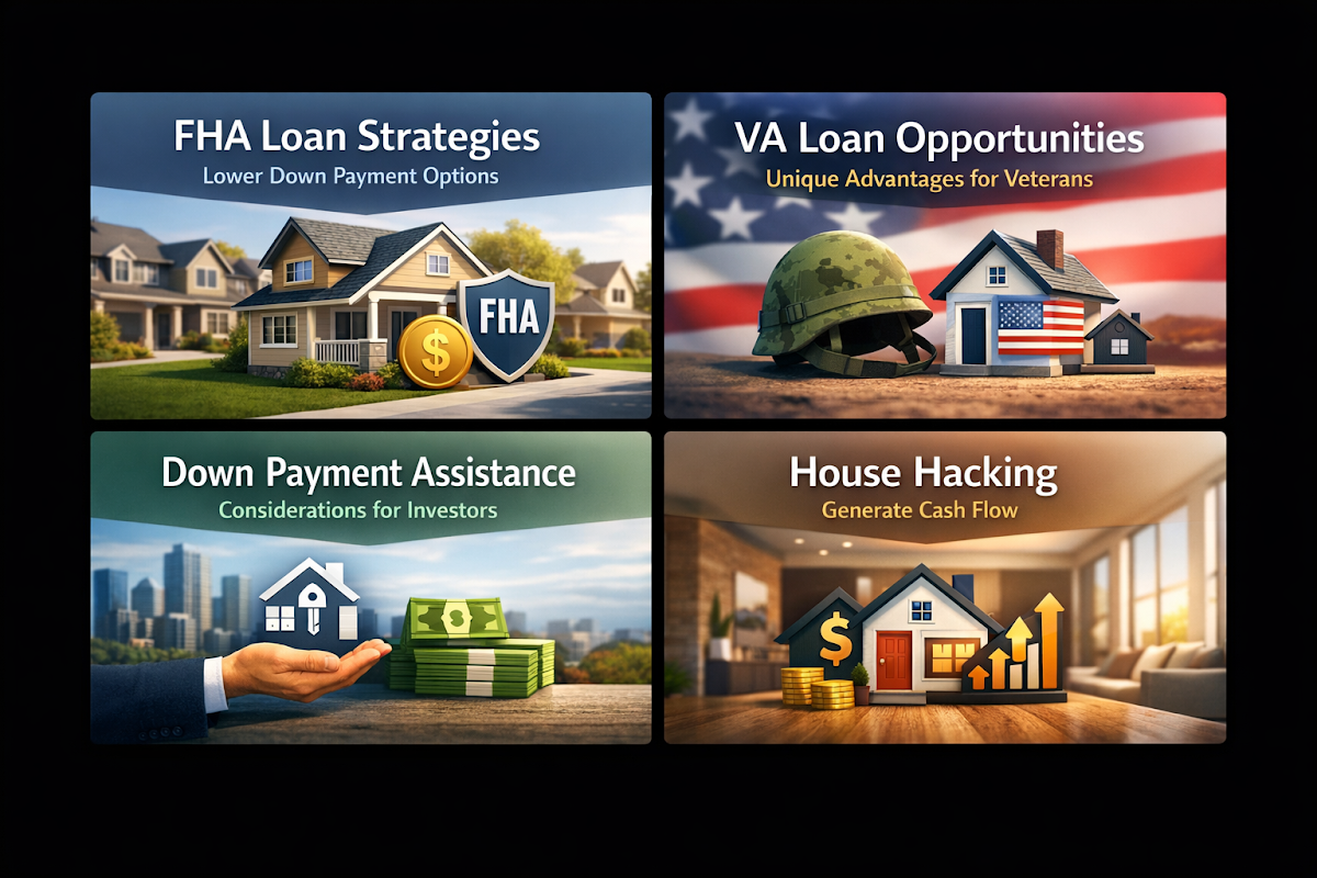 Visual representation of FHA loan strategies, VA loan opportunities, down payment assistance considerations, and house hacking benefits.