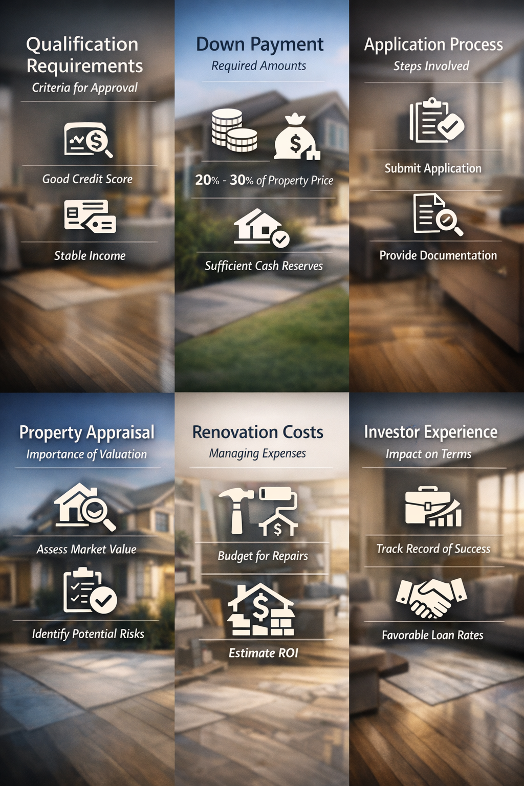 Visual breakdown of qualification requirements for fix and flip financing, including down payment and application process.