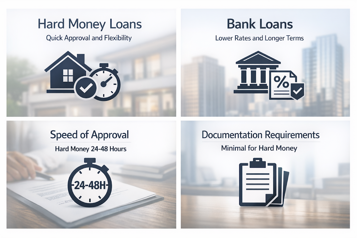 Comparison of hard money loans and bank loans highlighting approval speed and documentation requirements.