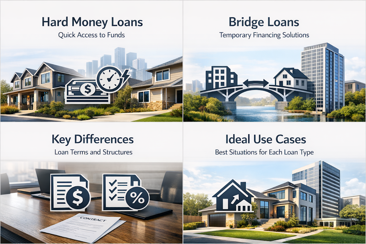 Comparison of hard money loans and bridge loans, highlighting key differences and ideal use cases for real estate investors.
