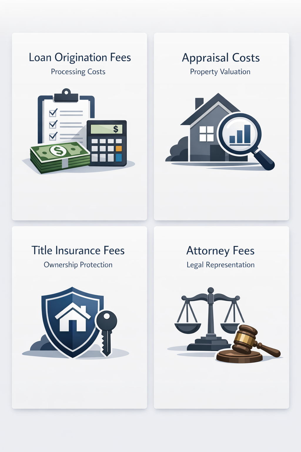 Infographic showing essential mortgage closing costs for investors including loan origination fees, appraisal costs, title insurance fees, and attorney fees.