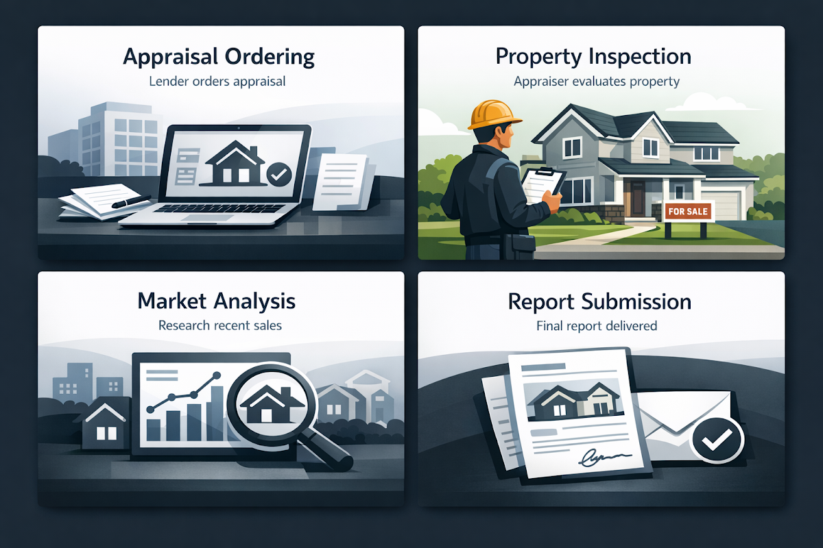 Step-by-step home appraisal process timeline including appraisal ordering, property inspection, market analysis, and report submission.