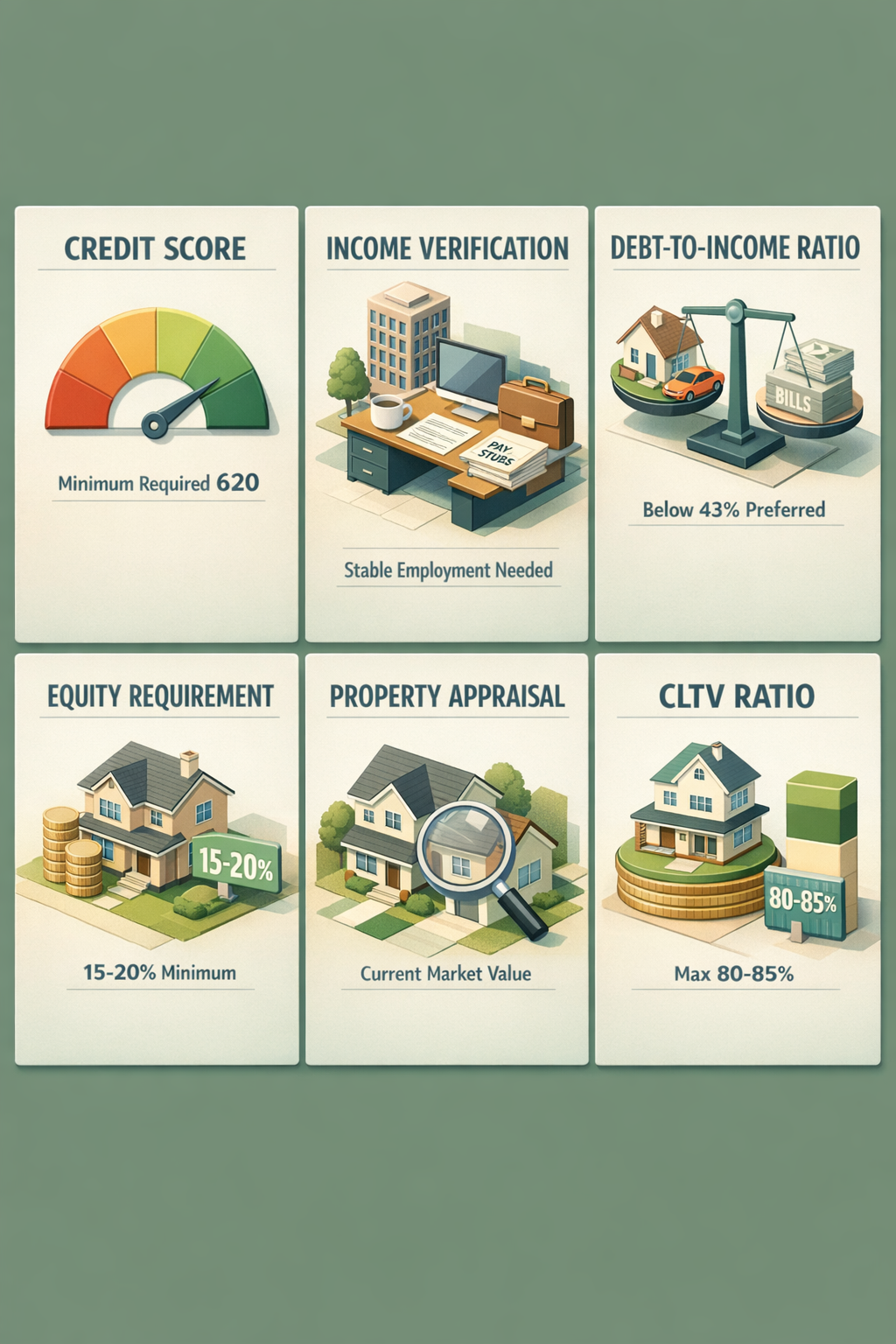 Infographic showing HELOC requirements including credit score, income verification, debt-to-income ratio, equity, appraisal, and CLTV ratio.