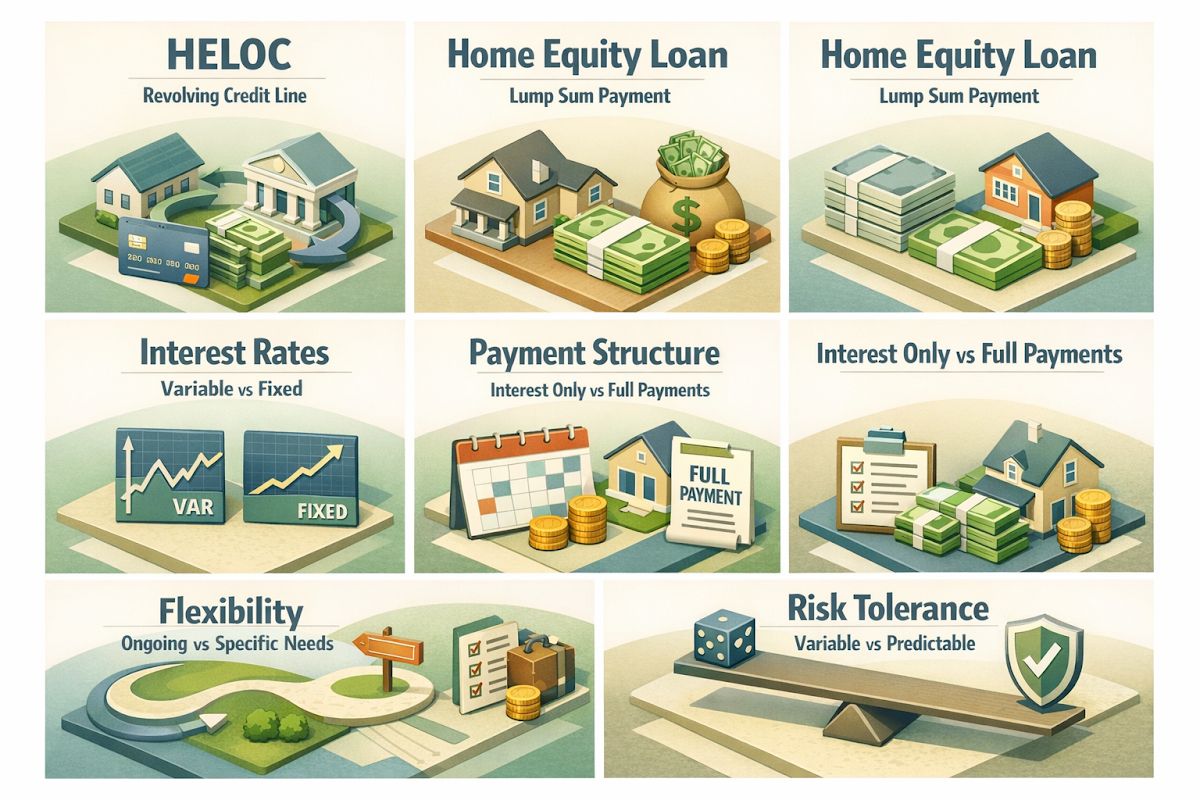 Comparison of HELOC and Home Equity Loan features including credit line, payment structure, interest rates, flexibility, and risk tolerance.