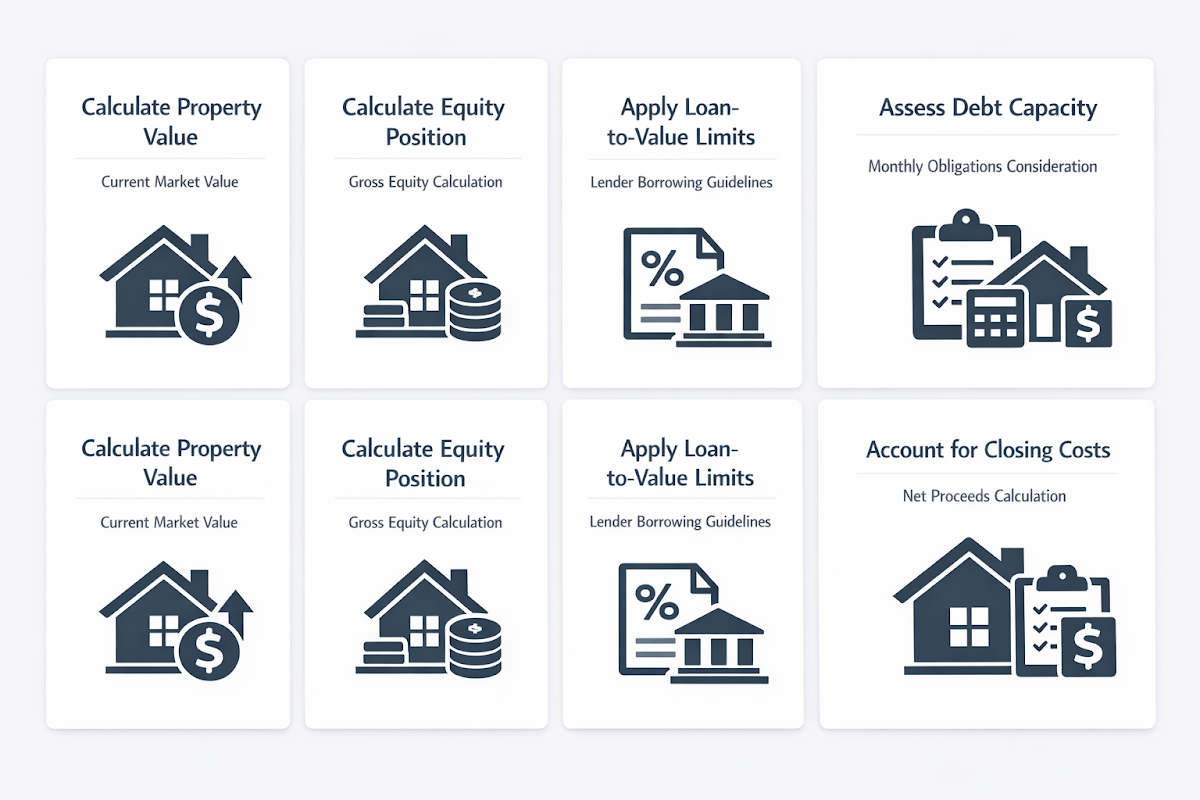 Steps to estimate home equity loan borrowing power including property value, equity position, loan limits, debt capacity, and closing costs.