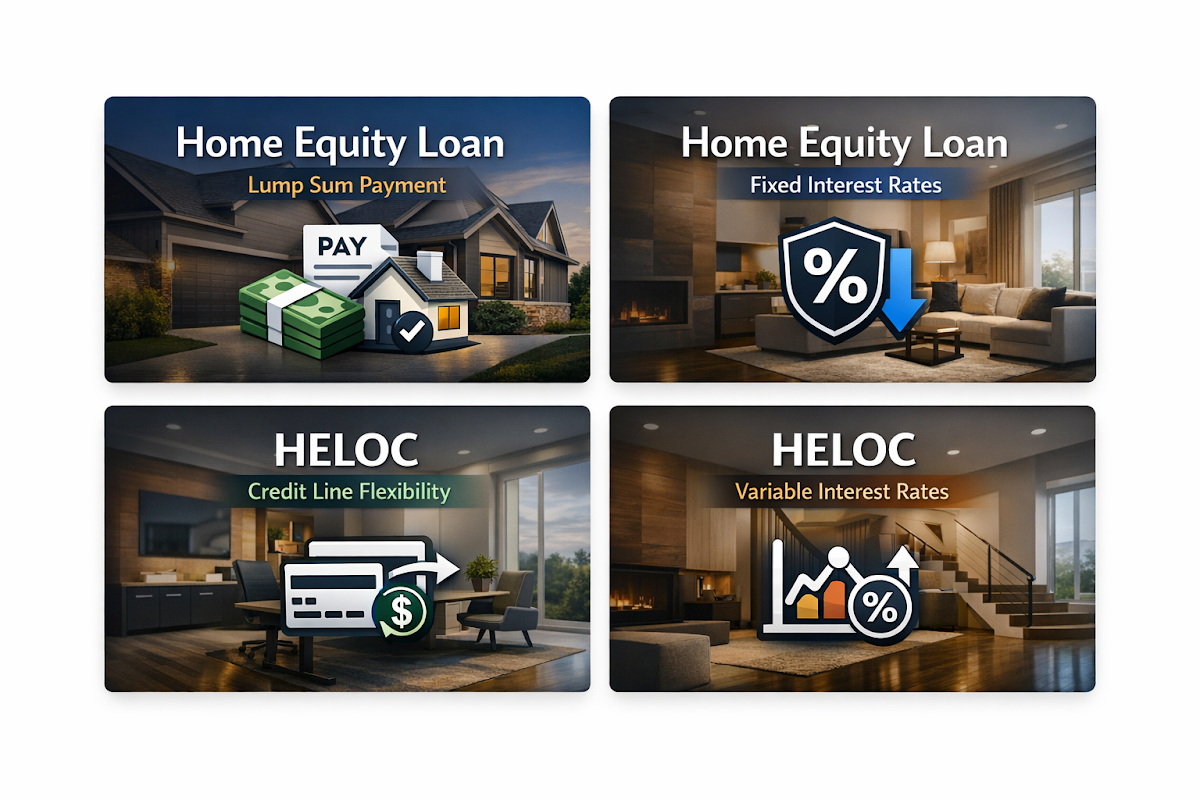 Comparison of Home Equity Loan and HELOC features including lump sum payment, fixed rates, credit line flexibility, and variable rates.