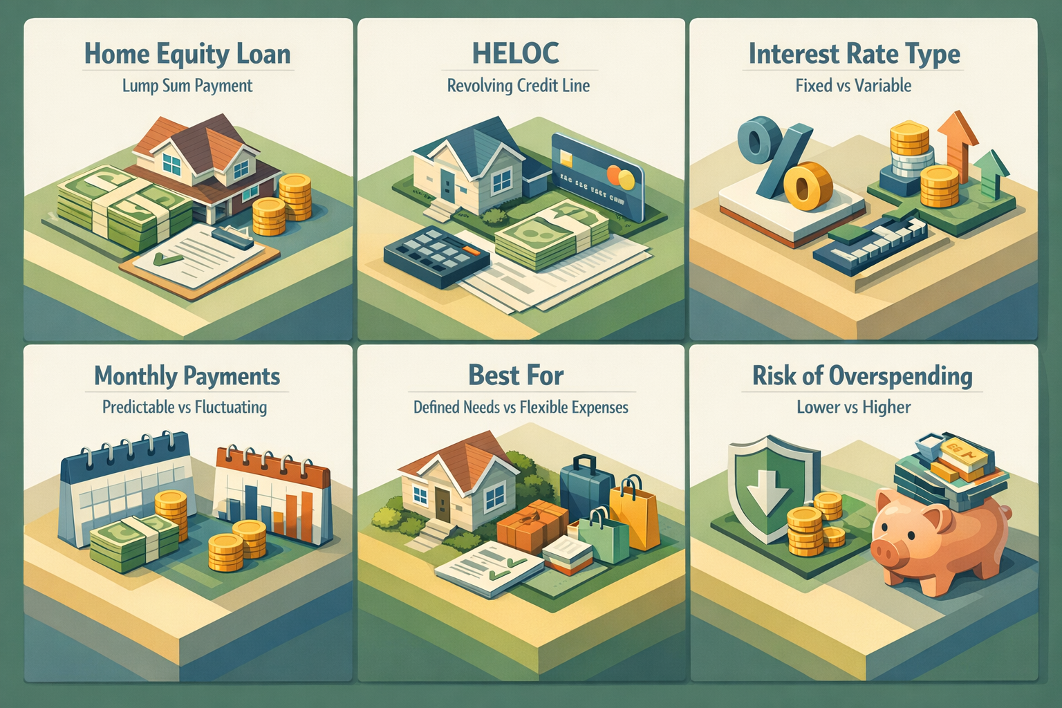 Comparison of Home Equity Loan and HELOC covering payment structure, interest rates, and best use cases.