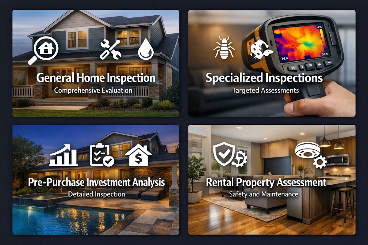 Infographic showing types of home inspections for investors including general, specialized, pre-purchase, and rental assessments.