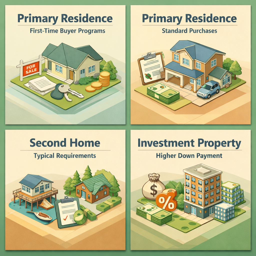 Infographic showing down payment requirements for primary residence, second home, and investment properties.