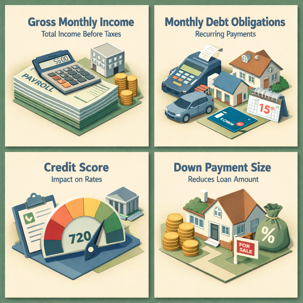 Infographic showing key factors lenders consider for mortgage approval: income, debts, credit score, and down payment.