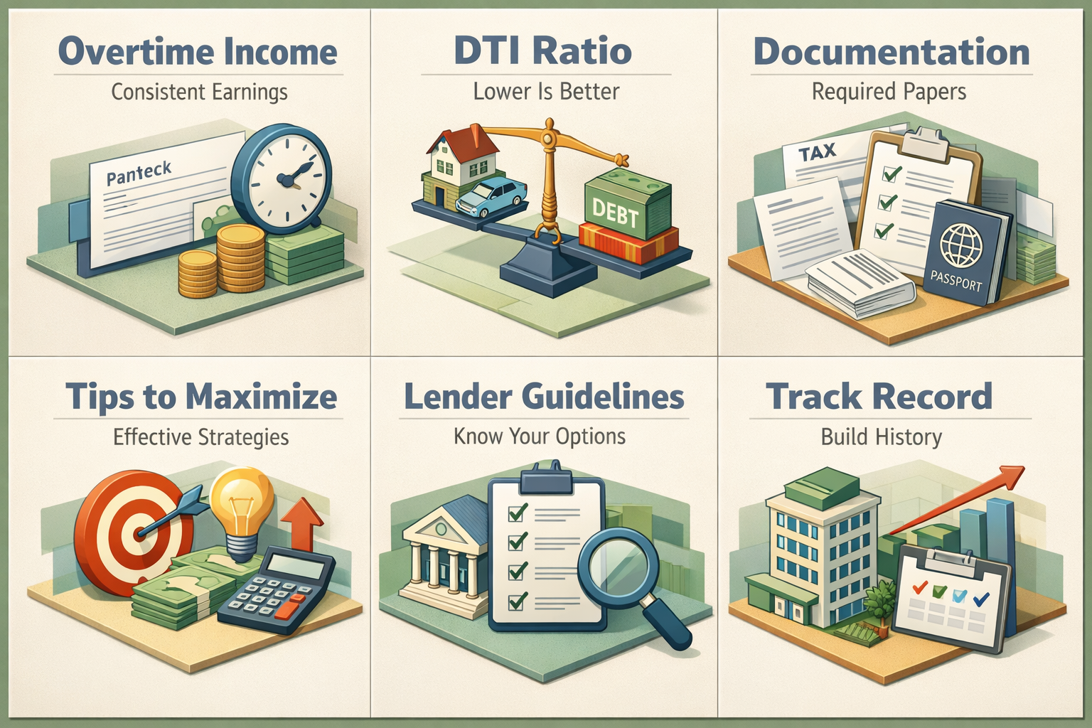 Infographic on maximizing home buying budget with overtime income, covering tips, DTI ratio, documentation, and lender guidelines.